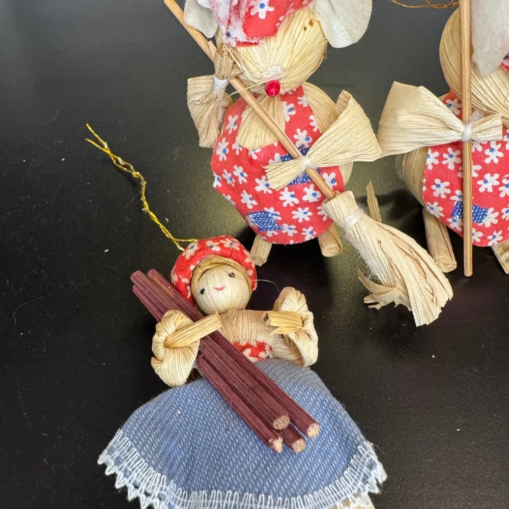 Vintage Corn Husk Christmas Ornaments Set 4 Red Blue Rustic Folk Art Mice Santa